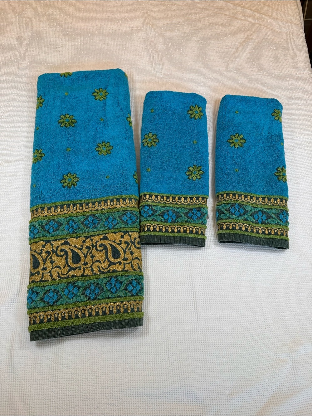Vintage Callaway 3 pc bath towel hand towel set 60’s 70’s MCM blue green gold